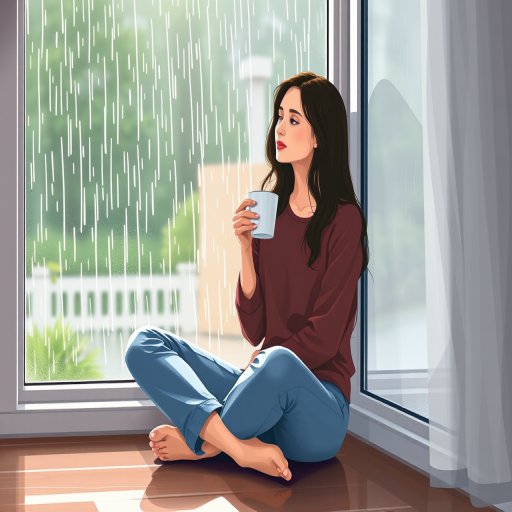 Create a digital illustration of a woman sitting cross-legged by a window, holding a cup of coffee, with rain pouring outside, using a DSLR camera, focal length 50mm, aperture f/2.8, soft natural lighting, and a high contrast style for enhanced clarity and detail.