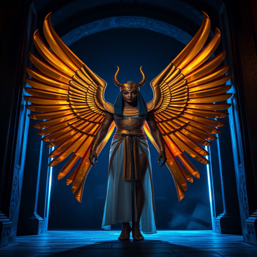 Create an image of an Egyptian deity with elaborate gold wings and a weapon, standing in a dark, mystical doorway with blue lighting, captured with a DSLR camera at f/2.8, ISO 100, 24mm lens, shot in low-angle view for dramatic effect.