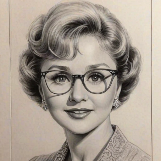 Resplendent Debbie Reynolds, pencil sketch, portrait of Dazzling woman 1926s in glasses, hair style beatnik, outline, clear lines, fine lines, 8k