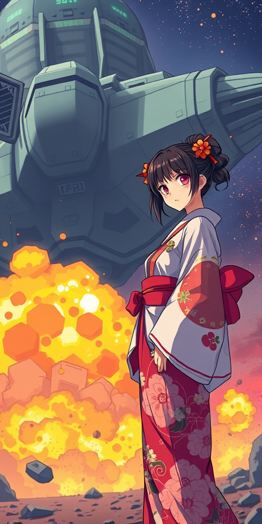 Create an anime-style illustration of a girl in a kimono standing confidently in the foreground with explosions and a large futuristic spaceship in the background, captured with a Canon EOS R5, 50mm lens, f/1.8 aperture, shooting mode in portrait, ensuring vibrant colors and sharp details.