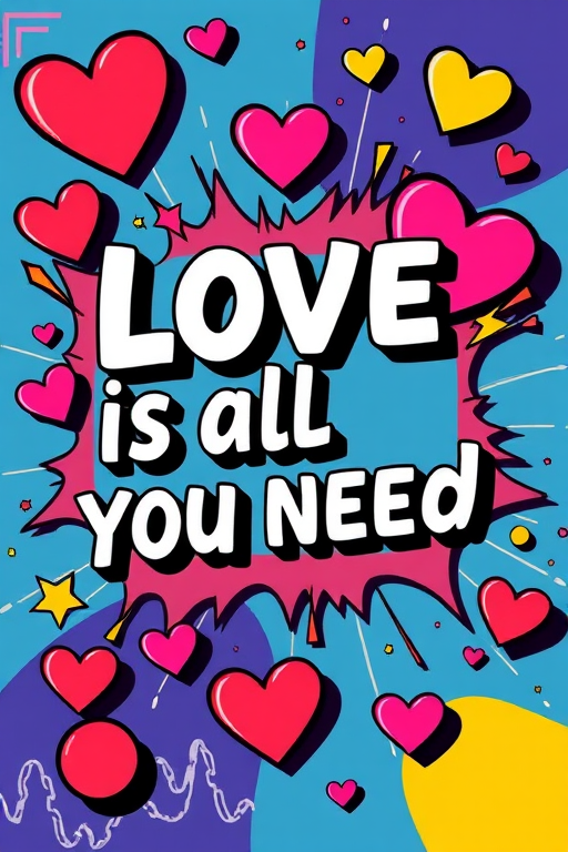 Create a vibrant pop art style image featuring the phrase Love is all you need surrounded by colorful hearts and dynamic shapes, shot with a Canon EOS R5 at 50mm f/1.4, ISO 100, f/4, using a high-contrast filter for enhanced color saturation.