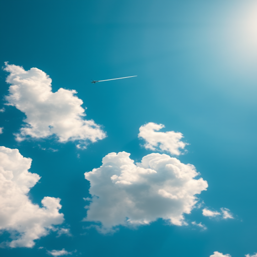 Capture a high-resolution image of fluffy white clouds against a blue sky with a jet contrail, using a DSLR camera, aperture f/8, shutter speed 1/2000 sec, ISO 100, taken from a slightly elevated angle for a dynamic perspective.