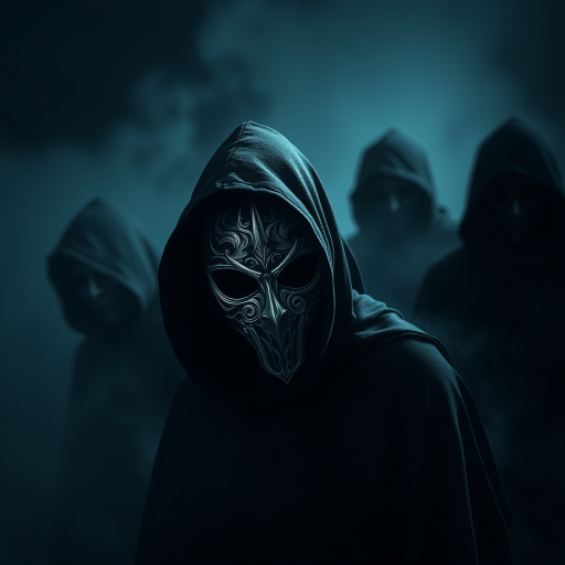 Create an image of a dark, mysterious scene with cloaked figures in a foggy environment, featuring one figure with an intricately designed mask, using a DSLR camera with a 50mm lens, aperture set to f/1.8, ISO 200, and a softbox light source for dramatic shadowing and depth.