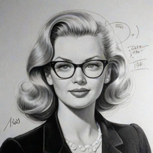 Pleasing Melissa Peterman, pencil sketch, portrait of Attractive woman 1946s in glasses, hair style beatnik, outline, clear lines, fine lines, 8k