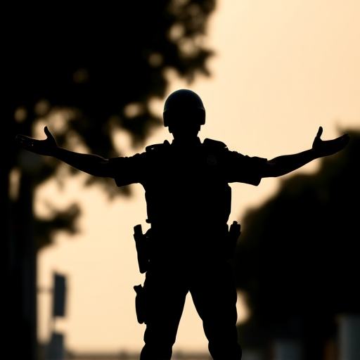 Create a high-resolution silhouette of a police officer standing with arms extended, using a full-frame DSLR camera with a 50mm f/1.8 lens, aperture set at f/2.8, shutter speed at 1/250s, ISO 100, captured in natural light against a bright background for contrast.