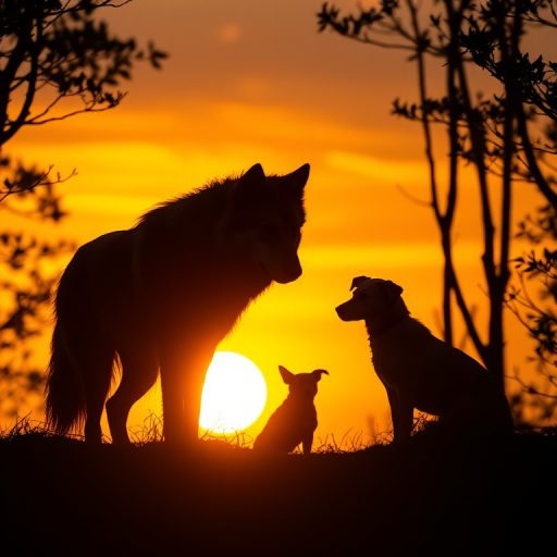 A serene sunset scene depicting a silhouette of a wolf and a small dog nestled among trees, with vivid orange and yellow hues in the background, captured with a DSLR camera at f/8, 1/125 sec, ISO 200, shot from a low angle with a wide-angle lens for enhanced depth of field.