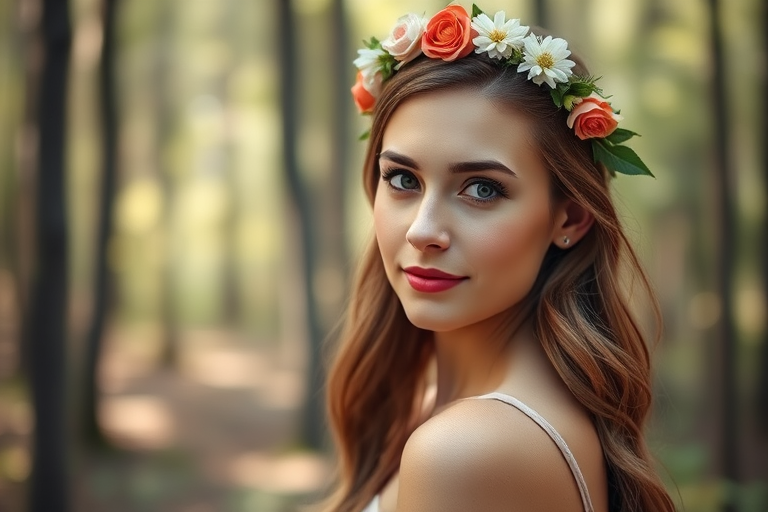 portrait of a woman with floral headpiece in a serene forest setting, soft natural lighting, shallow depth of field, ISO 100, f/1.8, 85mm lens, taken with a DSLR, vibrant colors and high detail