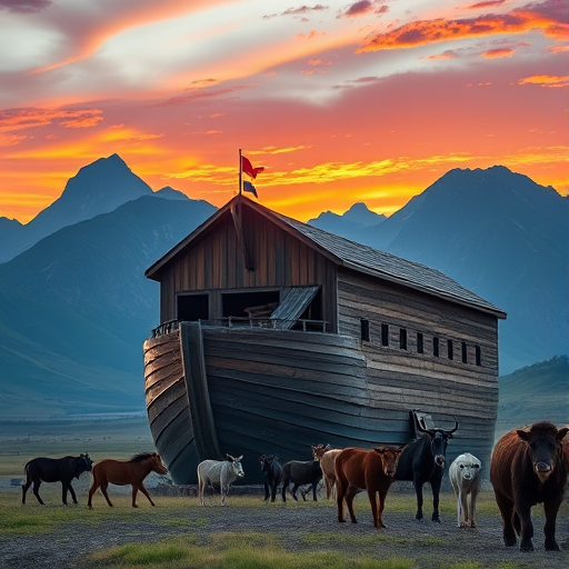 Create a high-resolution image of a massive wooden ark, set against dramatic mountains and a vibrant sunset sky, with animals approaching the ark, using a DSLR camera with a 50mm lens, aperture set to f/8, ISO 200, and a wide-angle view for depth and clarity.
