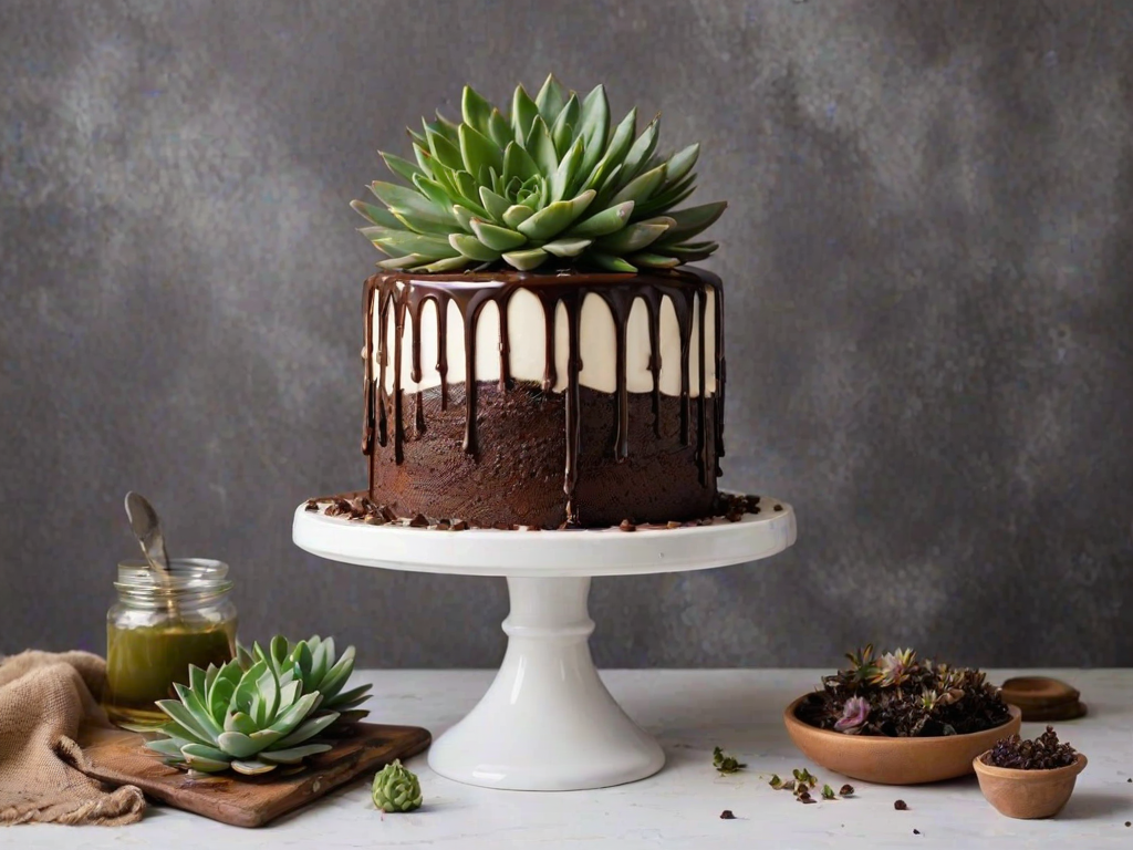 Create an image of a multi-layered chocolate cake decorated with white drippy icing, topped with various succulents and placed on elegant white cake stands. Include small jars of olive oil in the foreground for added detail. The setting should be warm and inviting.