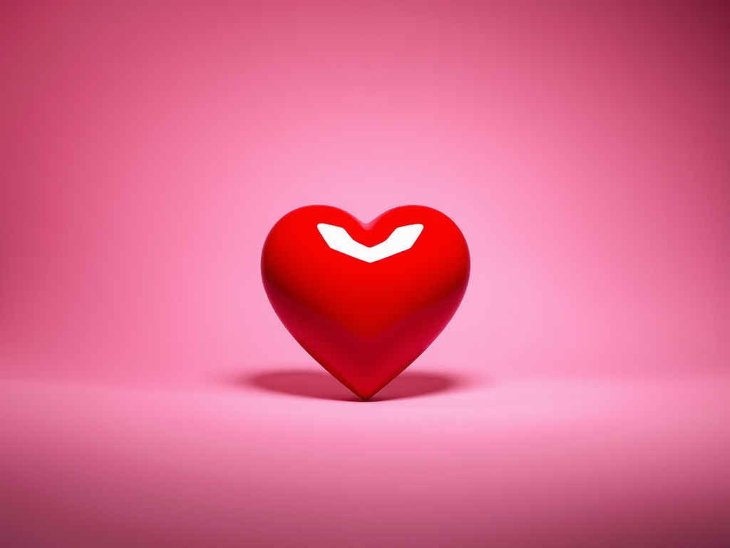 Create a 3D red heart on a soft pink background, using a 100mm f/2.8 lens, shoot from a low angle at a 45-degree perspective, in a studio setting with soft diffused lighting for enhanced texture and shadow depth.