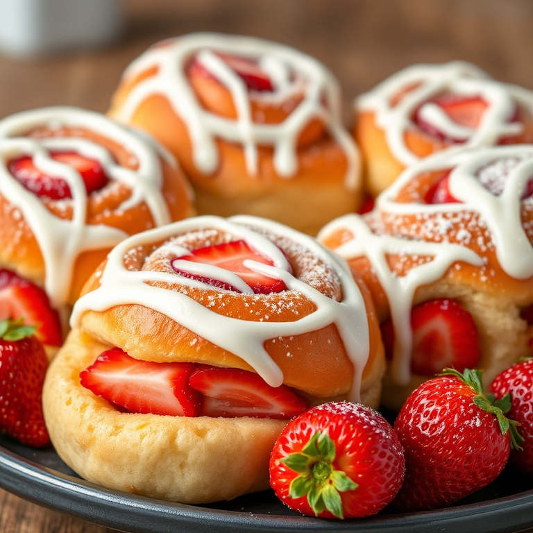 A close-up image of freshly baked strawberry rolls with cream frosting drizzled on top and sprinkled with powdered sugar. The rolls are golden brown, soft, and filled with sliced strawberries, arranged neatly on a dark plate with whole strawberries beside them. The background is blurred to emphasize the delicious pastries.