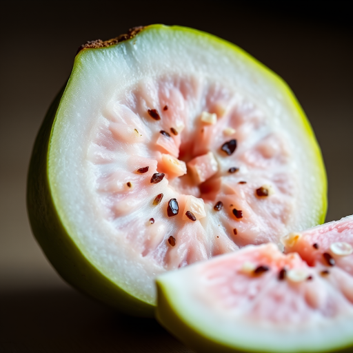a realistic close-up of a halved guava with a slice next to it, high resolution, 50mm lens, f/2.8 aperture, natural lighting, shallow depth of field, taken with a DSLR camera