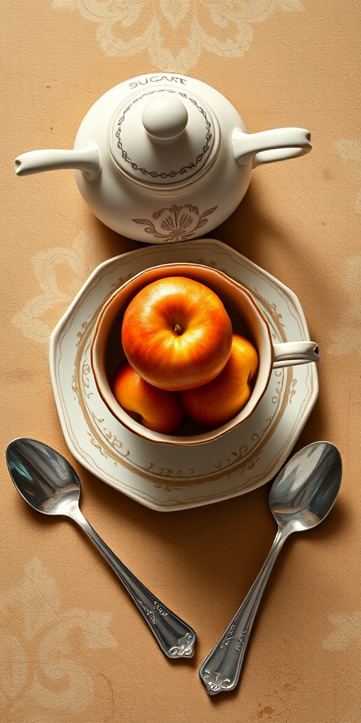 vintage still life illustration of a decorative sugar bowl, a bowl of apples, a fancy cup with saucer, and two silver spoons, captured with a 50mm lens, f/2.8 aperture, natural soft lighting, high-resolution DSLR camera, top-down view
