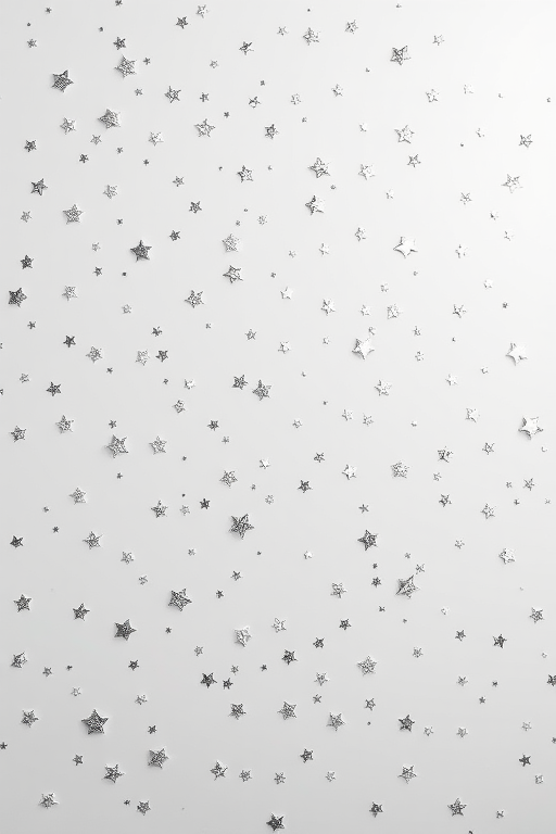 create an image of a white background scattered with silver stars, use a Canon EOS R5, 50mm lens, aperture f/2.8, shutter speed 1/125s, ISO 100, soft focus style, high dynamic range, overhead view