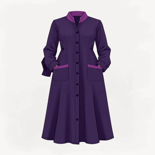 Create a detailed illustration of a long dress with a purple long-sleeve design, featuring a dark purple body, a contrasting light purple collar and pockets, centered in the frame with a soft focus background, using a DSLR camera with an aperture of f/2.8, shutter speed of 1/100s, ISO 100, and a focal length of 50mm.