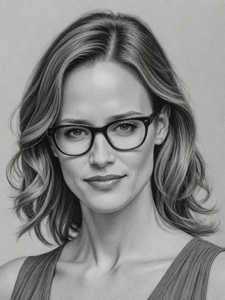 Splendid Jennifer Garner, pencil sketch, portrait of Elegant woman 1928s in glasses, hair style beatnik, outline, clear lines, fine lines, 8k