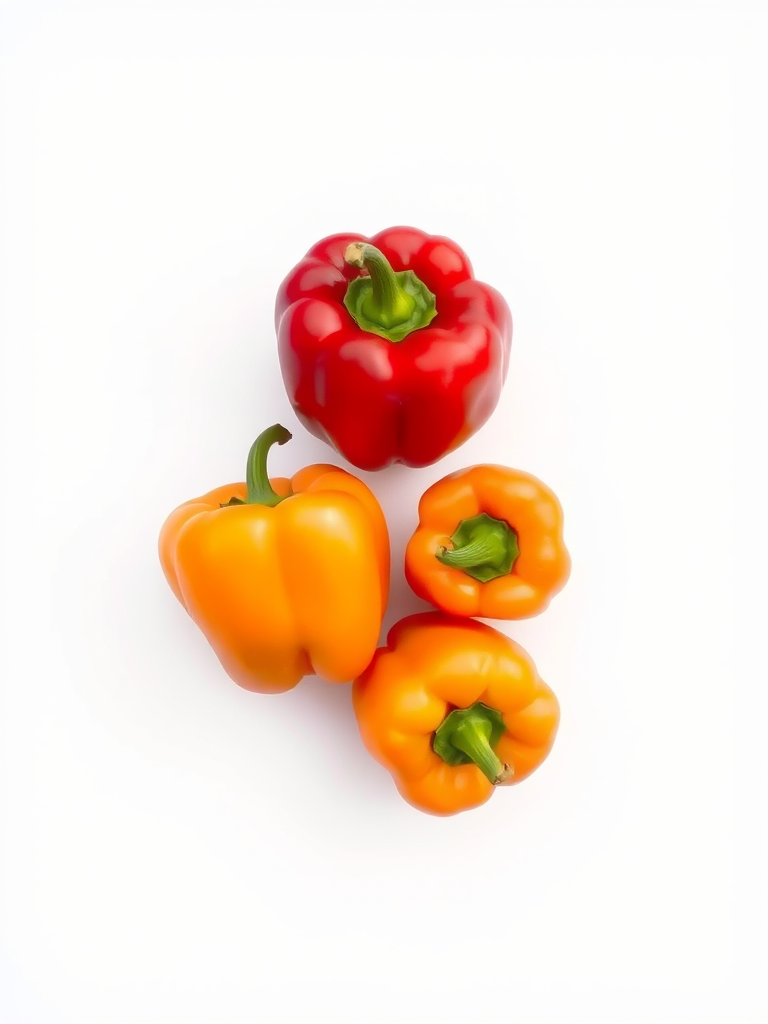 generate a high-resolution image of a red bell pepper and two orange bell peppers on a clean white background, use a DSLR camera with a 50mm lens at f/2.8, ISO 100, natural lighting to highlight texture and color depth, focus on vibrant details and smooth gradients