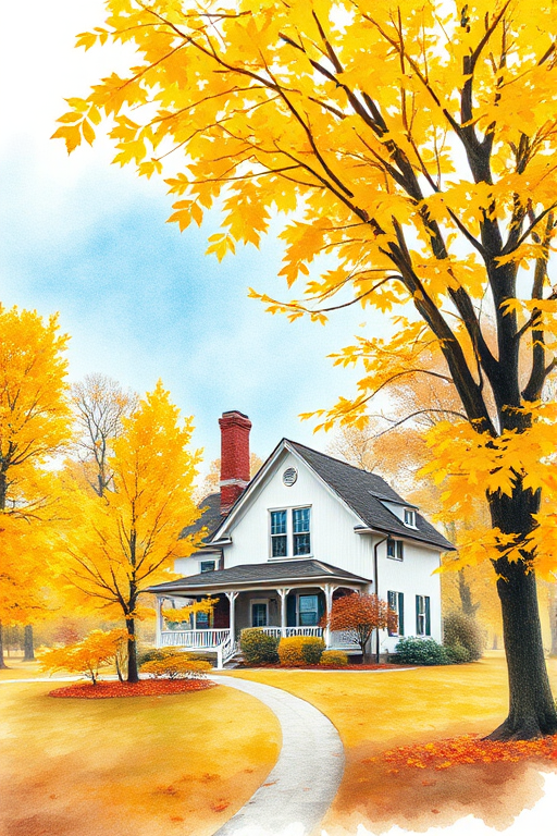 a vibrant watercolor painting of a house surrounded by autumn trees with yellow leaves, soft blue sky background, taken with a Canon EOS R5, 35mm lens, f/8 aperture, ISO 100, natural lighting for enhanced colors and detail