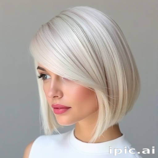 Elegant hair style showcasing a sleek platinum blonde bob with razor-sharp edges and a subtle side-swept fringe framing the face beautifully