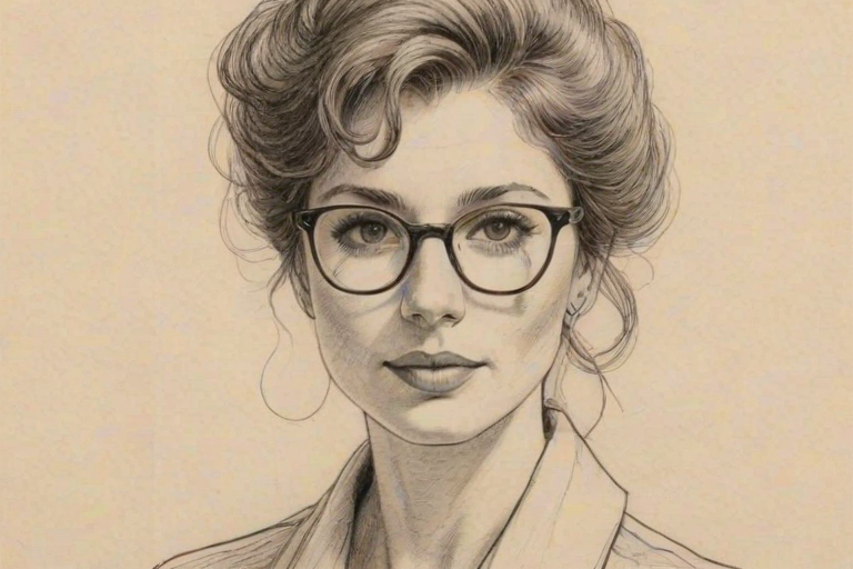 Delightful Shoshannah Stern, pencil sketch, portrait of Radiant woman 1979s in glasses, hair style beatnik, outline, clear lines, fine lines, 8k
