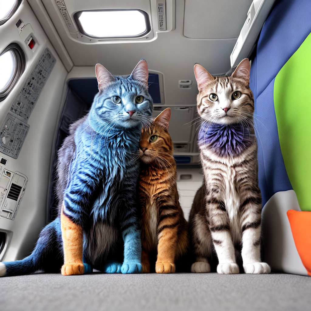 Rainbow cats inside aircraft cabin of 2030