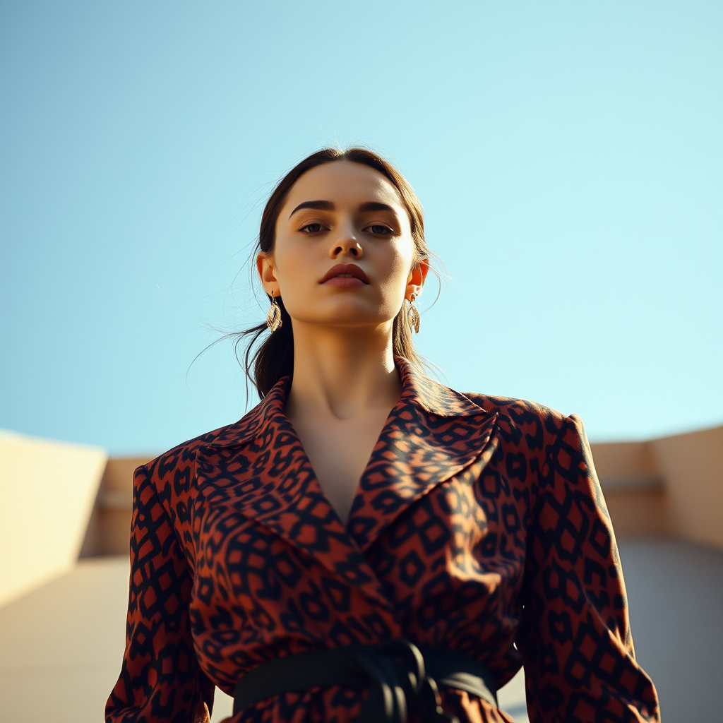Capture the model from a high angle, emphasizing the outfit’s pattern and silhouette. Use a 35mm prime lens to maintain sharpness and minimize distortion