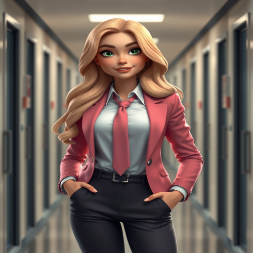 Create a realistic 3D animated image of a confident young woman with long, wavy blonde hair, wearing a stylish pink blazer and a white shirt with a tie, standing confidently in a modern office hallway, with soft lighting and a shallow depth of field, shot on a Canon EOS R5 at f/2.8, ISO 100, 50mm lens, with a cinematic style.