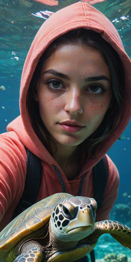 Realistic selfie image of a Middle Eastern, wearing a vintage outfit, detailed dreamy eyes, droopy hooded eyes, staring at the camera, taken underwater at coral reef with a sunbeam filtering through the water, vibrant, summer vacation, natural lighting, turtle and school of tropical fish with vibrant colors, rendered in the style of CryEngine, Pegi Nicol MacLeod, with realistic genre scenes, hauntingly beautiful narratives, ultra-realism, and Thomas Saliot's close-up technique, 8K resolution, crystal clear and sparkling water.