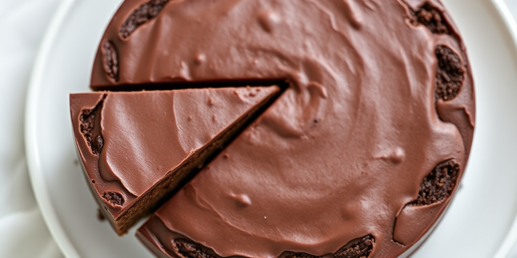 A realistic chocolate cake with a slice cut out, set on a white plate, top view, DSLR camera, 50mm lens, f/1.8 aperture, ISO 100, natural lighting.