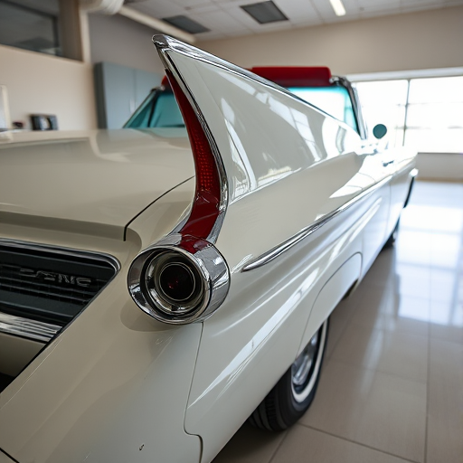 Regenerate a classic 1959 Cadillac convertible in a bright, reflective finish, shot from a low-angle perspective with a wide-angle lens, using a DSLR camera at f/8, ISO 100, and a shutter speed of 1/500s for enhanced detail and clarity.