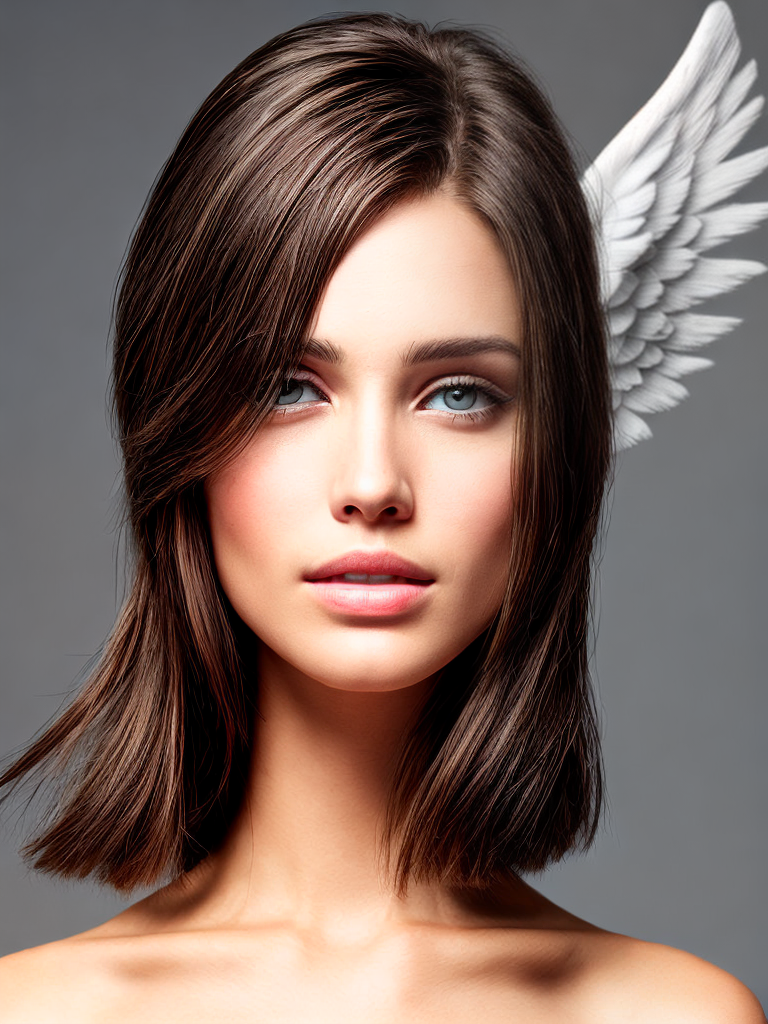 Brunette angel head turned right and slightly lowered
