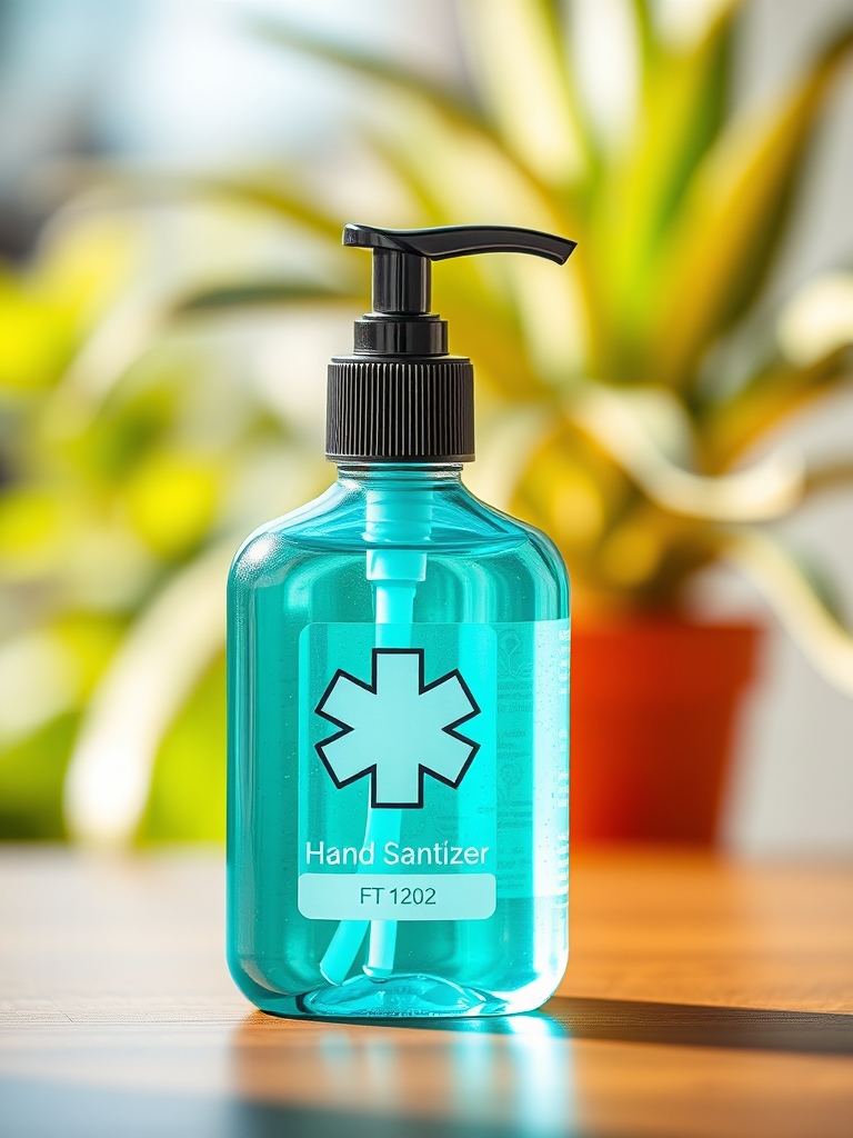 Design a high-quality image of a turquoise hand sanitizer bottle with a pump top and a medical cross symbol, using a close-up shot, with a focus lens, aperture set at f/2.8, ISO 100, natural lighting, and a shallow depth of field to enhance details and colors.