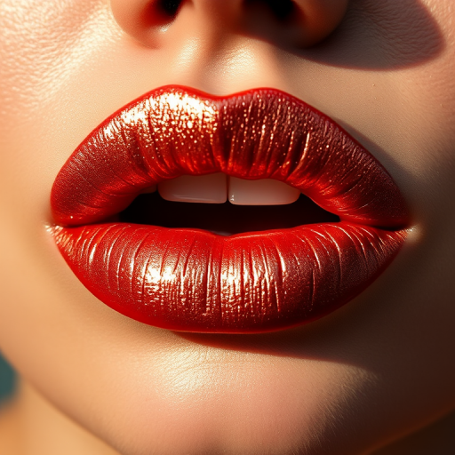 Sultry woman lips featuring a shimmering rose gold metallic shade, multidimensional and eye-catching, soft and pillowy, catching the light beautifully