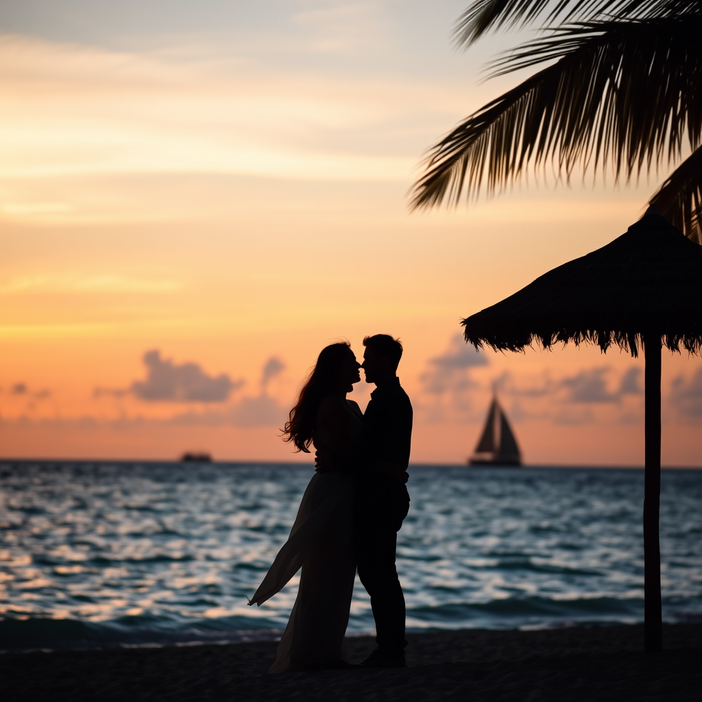 sunset beach silhouette of a couple embracing, lush horizon with a calm sea, a sailboat in the distance, tropical palm thatched umbrella to the side, warm colors in the sky, DSLR camera, 50mm lens, f/2.8 aperture, ISO 200, shot at golden hour, soft focus for romantic feel