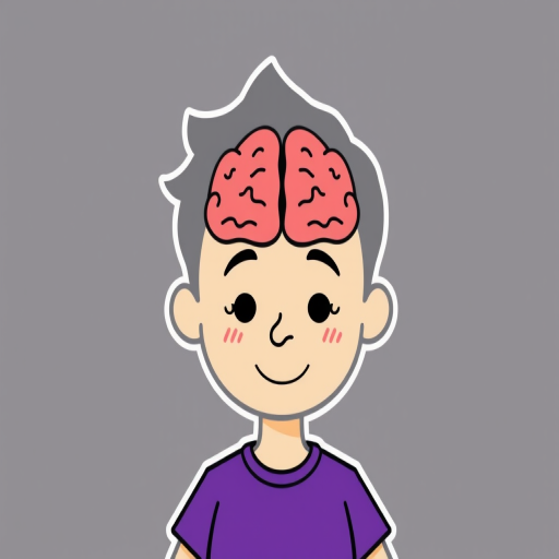 Create a cartoon character with a stylized gray outline, showing a figure with a visible brain, wearing a purple shirt, in a simple flat design, captured with a Canon EOS 5D Mark IV, using an aperture of f/4, ISO 200, at a 50mm lens, top-down view for a fun and vibrant appearance.