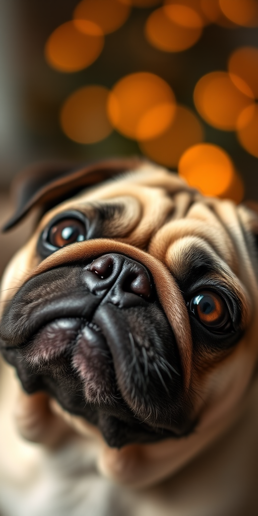 a close-up portrait of a pug with a soft focus background, warm orange bokeh effect, shot with a Canon EOS R, 50mm lens at f/1.8, ISO 200, shutter speed 1/125 sec, natural lighting for a cozy atmosphere