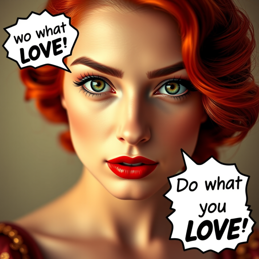 Create a high-resolution portrait of a vintage woman with striking green eyes and red hair, using a DSLR camera with a 50mm lens, f/1.8 aperture, ISO 100, and a soft light source for an elegant atmosphere, styled in a classic comic book pop art format with a speech bubble that says "Do what you LOVE."