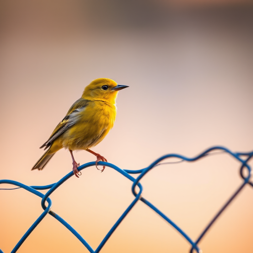capture a vibrant yellow bird perched on blue chain-link fence with a soft-focus background, use a DSLR camera with a 50mm lens at f/2.8, shutter speed 1/250s, ISO 200, natural light during golden hour for enhanced image quality