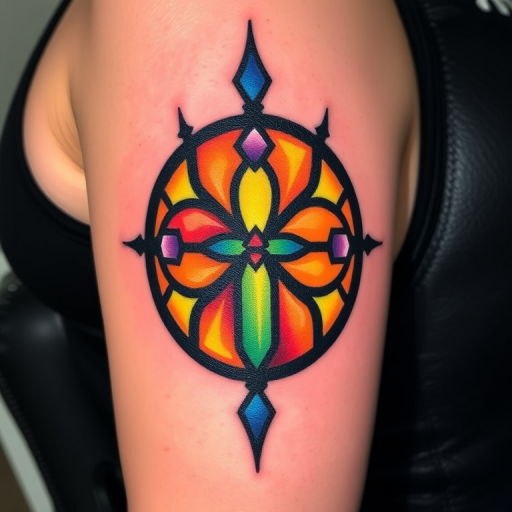 Stained glass tattoo named "Radiant Sanctuary" featuring vibrant colors separated by bold black lines, mimicking the appearance of a stained glass window with a play of light and shadow on the skin