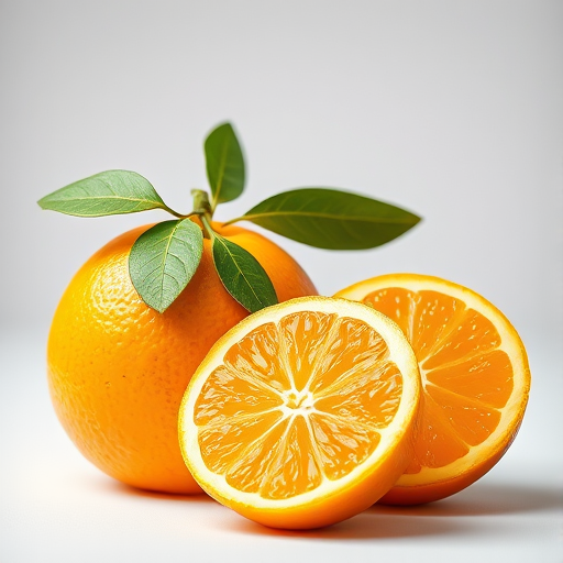 Create an illustration of two whole oranges with one sliced in half, showcasing their vibrant yellow color and green leaves, captured in high resolution with a macro lens at f/2.8, using a soft-focus background to emphasize the fruit, in a studio lighting setup with natural illumination.