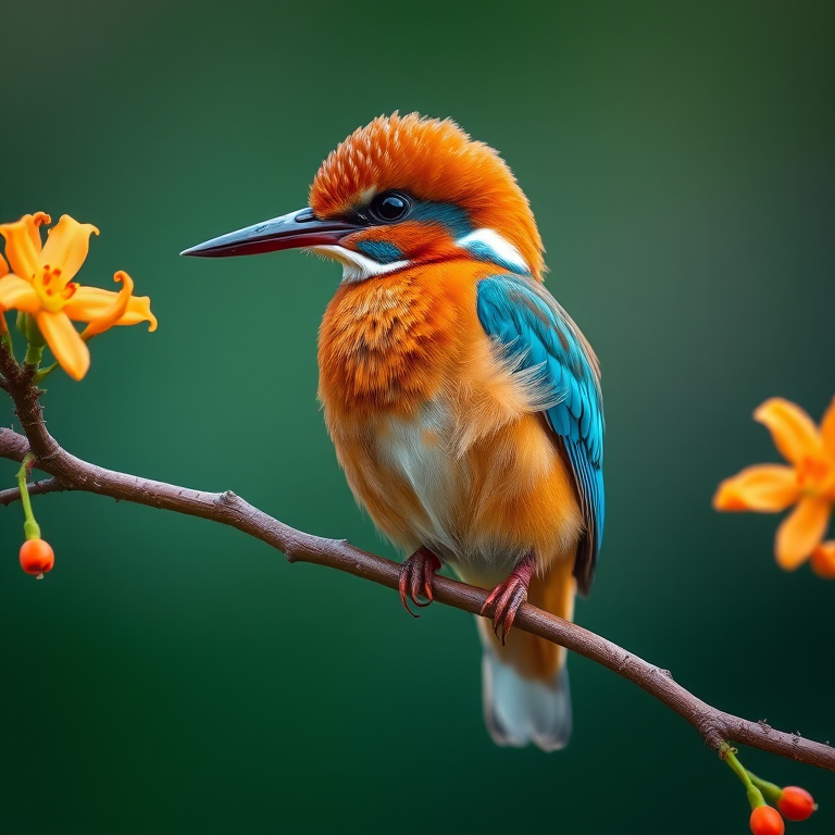 A detailed close-up of a kingfisher perched on a branch with vibrant orange flowers, focusing on the intricate feather textures and colors, using a Canon EOS R5, 100mm macro lens, f/2.8 aperture, ISO 100, natural light to enhance image quality.