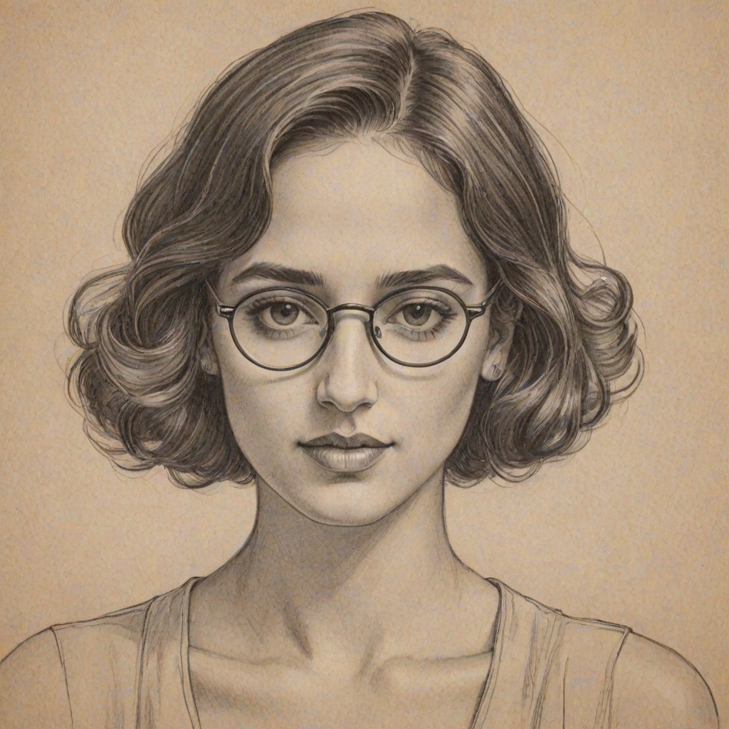 Wonderful Adria Arjona, pencil sketch, portrait of Delightful woman 1920s in glasses, hair style beatnik, outline, clear lines, fine lines, 8k