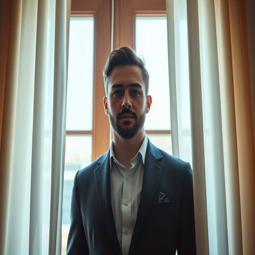 A well-dressed man standing between curtains with a backlit window, cinematic lighting, depth of field, 35mm lens, f/1.8 aperture, ISO 100, soft focus background, high dynamic range, portrait mode, DSLR camera.
