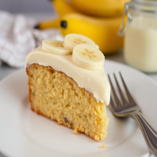 A slice of banana cake with creamy frosting topped with banana slices served on a white plate with a fork beside it, with a blurred background of bananas and a jar.