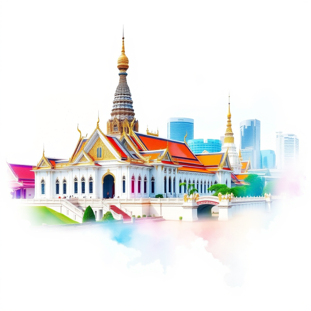 Create a watercolor illustration of the Grand Palace in Bangkok, with modern skyline in the background, using a Canon EOS R5, 50mm lens, f/1.8 aperture, ISO 100, daylight settings, and a vibrant color palette to enhance the overall image quality.