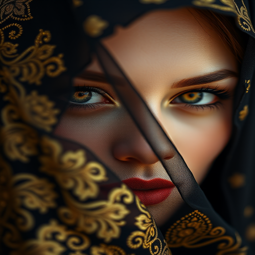 Create a highly detailed close-up portrait of a woman with captivating golden eyes partially covered by an intricate black veil adorned with golden patterns, captured with a Canon EOS R5, 85mm lens, f/1.2 aperture, ISO 100, in soft natural light for a dreamy effect.