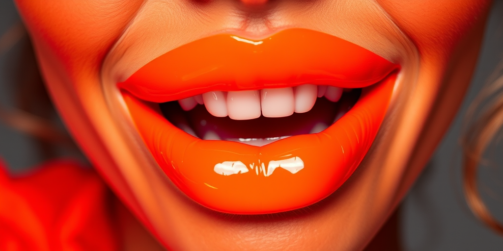 Vivid neon orange lips with high-shine gloss, exaggerated fullness and volume, statement-making brightness, energetic and playful Tangerine Glow Pop look