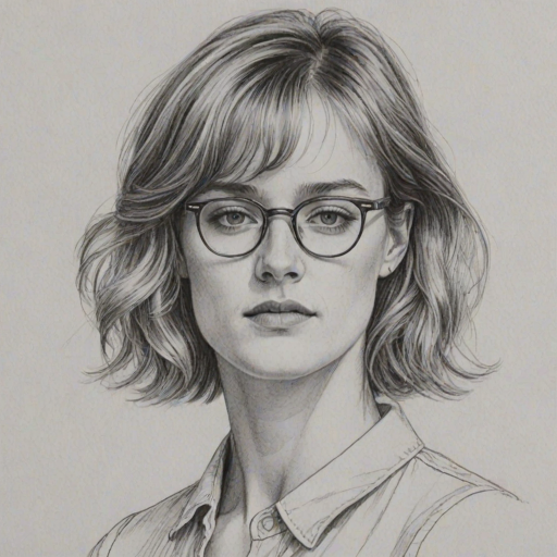 Charming Mackenzie Davis, pencil sketch, portrait of Graceful woman 1971s in glasses, hair style beatnik, outline, clear lines, fine lines, 8k