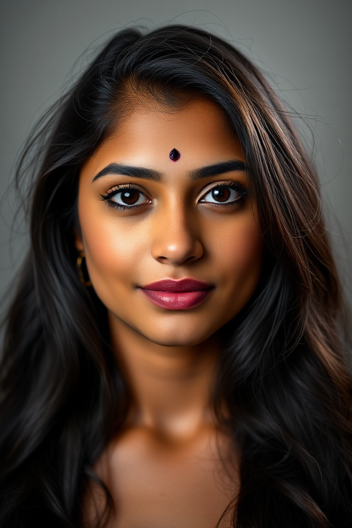 portrait of a young woman with dark hair and a bindi on her forehead, soft light, shallow depth of field, 50mm lens, f/1.8, ISO 100, portrait mode, studio background