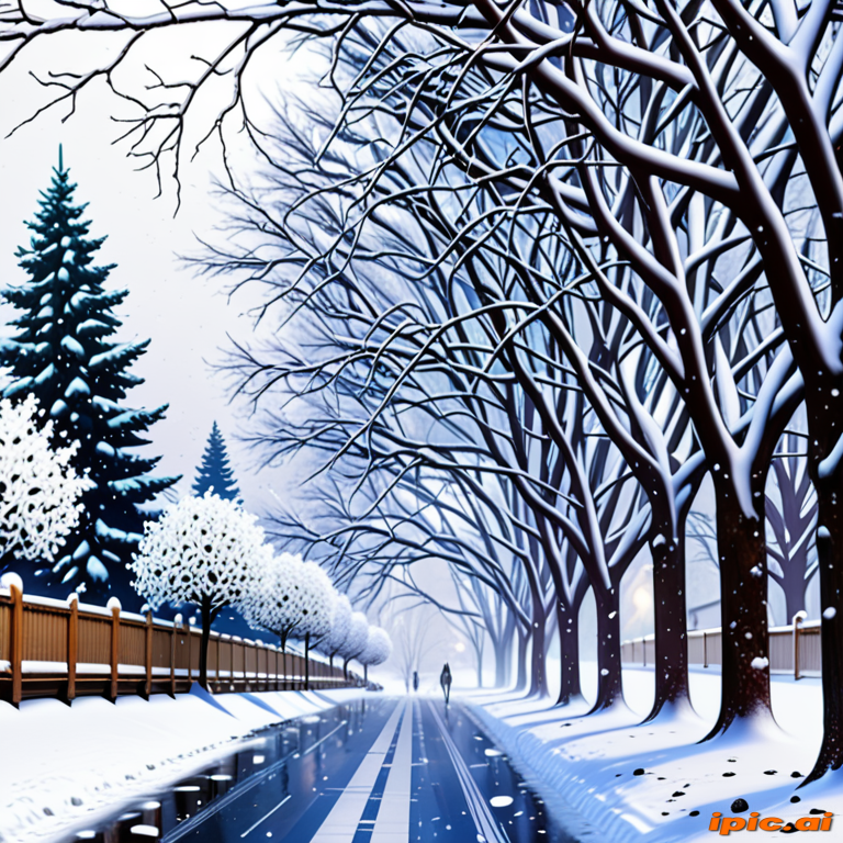 Serene Winter Landscape with Snow-Covered Trees and a Quiet Pathway